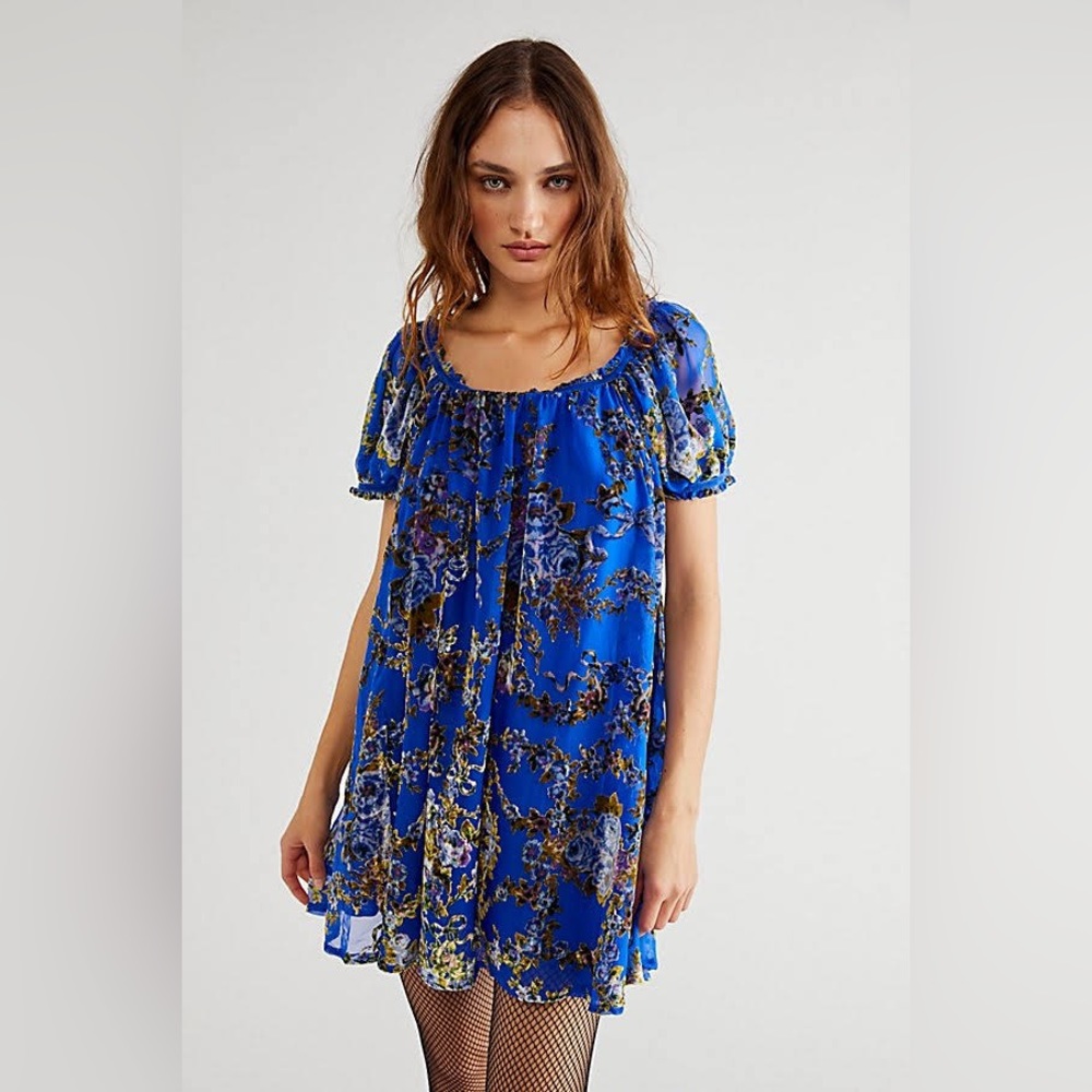 Free People Beautiful Blooms Mini Blue Velvet Floral Dress - Size M